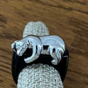 Vintage Silver Colored Bear on a Black Band Ring Size 7